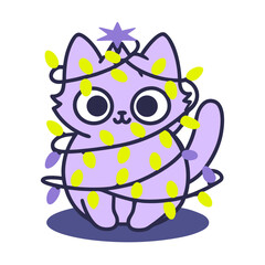 Cute Cartoon Cat Tangled in Christmas Lights kitten