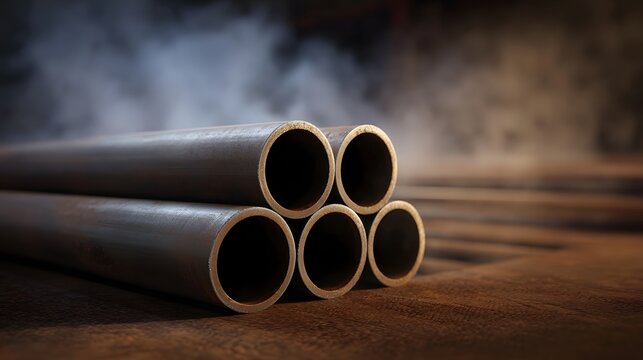 A stack of industrial metal pipes rests on a wooden surface bathed in atmospheric light and mist