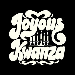 Joyous Kwanzaa text with menorah illustration on black