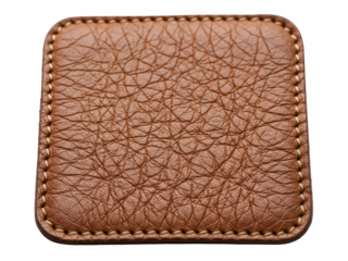 Close up of a square brown leather patch with detailed texture and stitching isolated on transparent background
