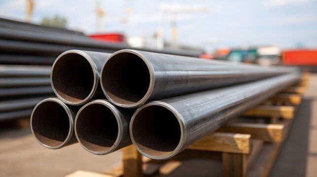 A stack of long dark metal pipes rests on wooden pallets in an outdoor industrial storage yard