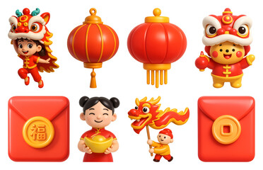 Fototapeta premium PNG Festive Chinese New Year icons, element set on transparent background