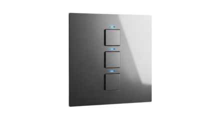 Modern Dark Grey Electrical Light Switch with Three Buttons and Blue Indicator Lights isolated PNG with Transparent Background