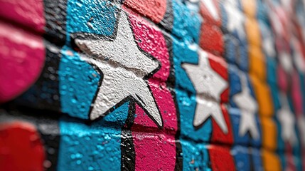 Close-up of a brick wall covered in colorful graffiti featuring star shapes. The artwork is vibrant and eye-catching.