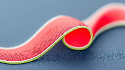 Close-up of a red fabric ribbon with green trim, curled on a blue textured surface. The image highlights the texture and color contrast.