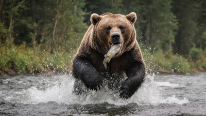 Grizzly Bear Catching Salmon in River, Alaska Wildlife Scene.