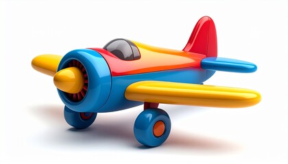 Yellow red vintage biplane toy airplane 3d icon isolated on white background, retro aviation illustration