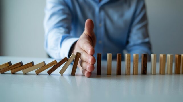 Strategic intervention stopping cascading domino effect for business risk management concept