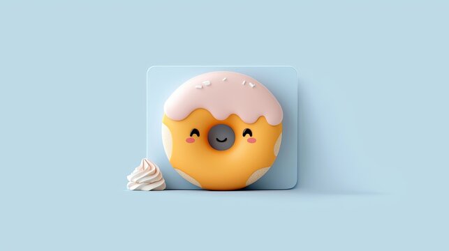 A cartoon donut with a smiling face and whipped cream on a blue background. The donut has pink icing and sprinkles. The image is cheerful and playful. - Powered by Adobe