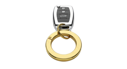 Modern Silver Car Key Fob with Gold Circular Carabiner isolated PNG with Transparent Background
