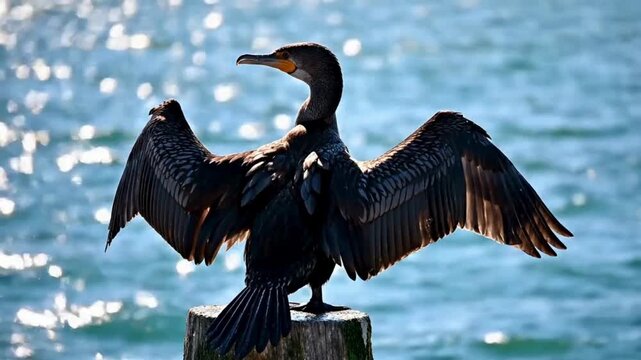 Cormorant bird drying wings on wooden post against bright water