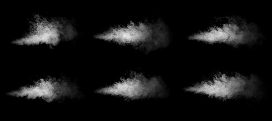 White smoke clouds isolated on a dark black background, presenting realistic vapor textures ideal for visual effects, creative design projects, atmospheric elements, and abstract compositions.