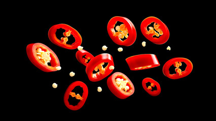 A vibrant arrangement of floating red chili pepper slices set against a dark background. The composition emphasizes heat, flavor, and bold color, ideal for culinary branding and spicy food promotions.