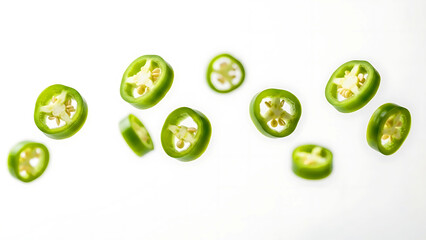 Green chili slices scattered on a clean white background. The minimalistic presentation highlights freshness, color, and culinary versatility&mdash;suitable for ingredient packs, menus, and healthy food the