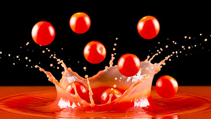 A dynamic splash of cherry tomatoes hitting red liquid against a dark backdrop. The energetic composition conveys freshness, movement, and vivid color, ideal for food promotions and creative visuals.
