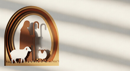 A minimalist nativity christian scene featuring a shepherd and his flock crafted from layered paper with natural light and shadow