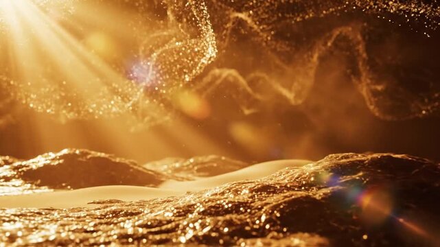 Abstract gold particles with radiant light rays and textured terrain creating a dreamy atmosphere