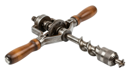 Vintage Hand Drill Tool with Metal Gears and Wooden Handles isolated PNG with Transparent Background