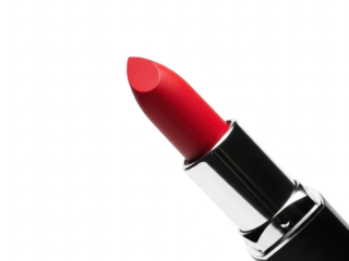 Close up of vibrant red lipstick bullet in black and silver case isolated on transparent background