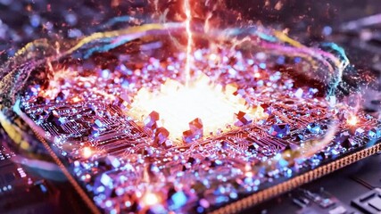 Futuristic digital circuit board with energy bursts and glowing elements. A data visual