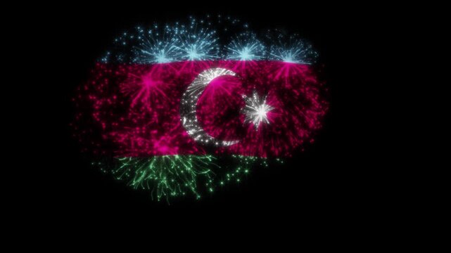 Azerbaijan Flag Fireworks Animation – National Day Celebration Firework Effects in Flag Shape, Glowing Azerbaijan Flag Pyro VFX Isolated on Black Background