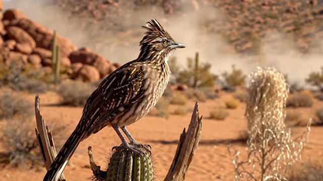Roadrunner perched on a cactus in a dry desert landscape