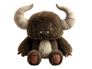 A cute, fluffy, brown plush toy monster with large, curved, tan horns and a white belly.