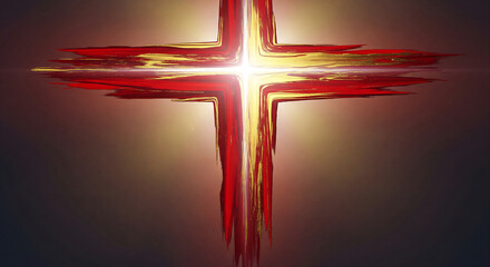 A radiant red and gold painted christian cross symbolizing the sacrifice and resurrection of the messiah
