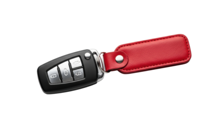 Isolated Black Car Key Fob with Red Leather Keychain isolated PNG with Transparent Background
