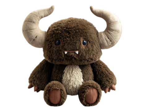 A cute, fluffy, brown plush toy monster with large, curved, tan horns and a white belly.
