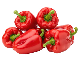 A pile of fresh, ripe, glossy red bell peppers with green stems, isolated on transparent background