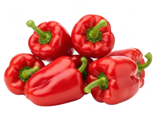 A pile of fresh, ripe, glossy red bell peppers with green stems, isolated on transparent background
