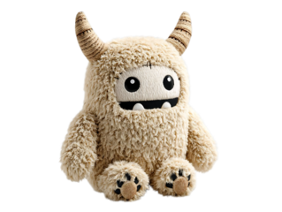 Fluffy beige monster plush toy with horns, big eyes, and a smiling mouth sitting on a white background.