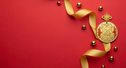 Elegant Chinese New Year concept with a gold Fu lucky knot and ribbon on a vibrant red celebration background