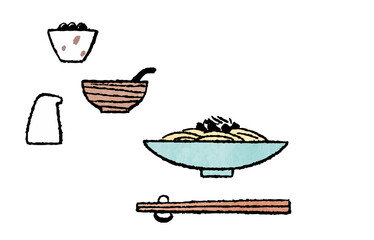 麺料理と薬味を描いた手描き風イラスト（シンプル和食）