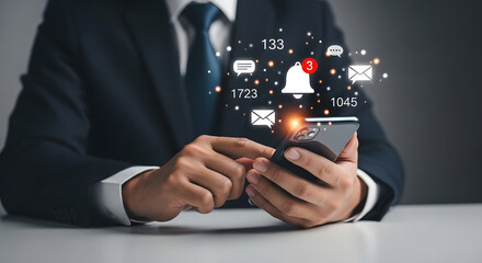 Businessman using smartphone with notification icons digital communication and social media concept
