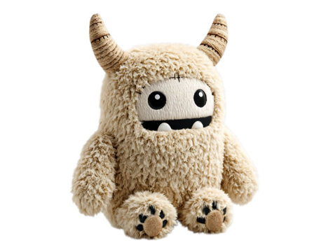 Fluffy beige monster plush toy with horns, big eyes, and a smiling mouth sitting on a white background.