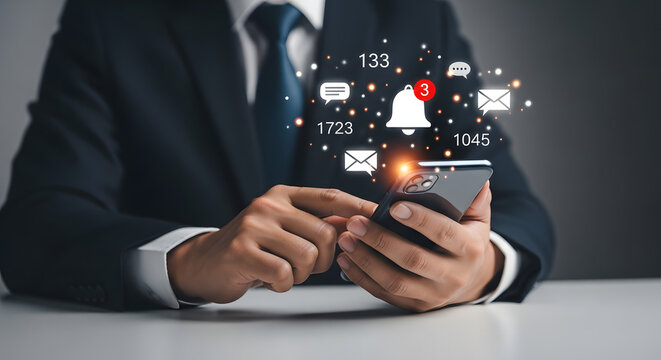 Businessman using smartphone with notification icons digital communication and social media concept - Powered by Adobe