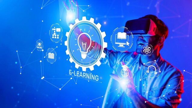 A user excitedly explores a virtual reality platform for e-learning, surrounded by engaging digital icons and futuristic elements representing education and innovation. Raster