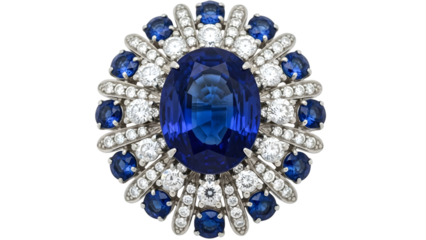 Elegant sapphire and diamond brooch jewelry isolated on transparent background