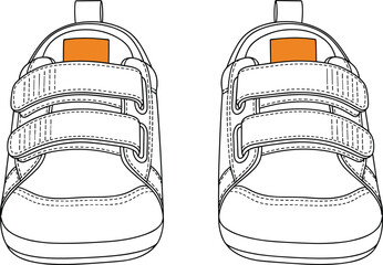 Cad drawing flat vector illustration, children shoes top view, velcro straps footwear design, black white outline sketch, fashion accessory artwork