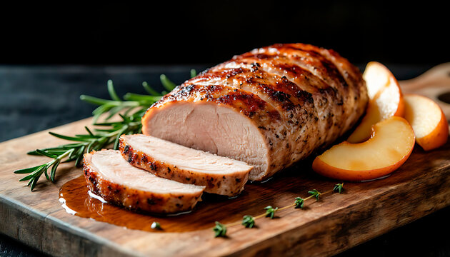 Sliced roasted pork loin with herbs and apple wedges on a wooden board. Delicious homemade meal for dinner concept. - Powered by Adobe