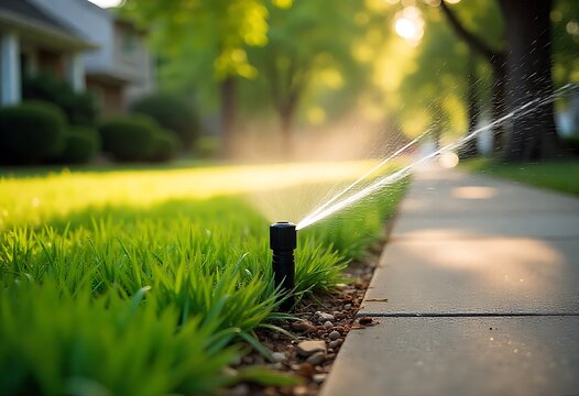 Automated sprinkler system watering a green lawn at sunrise, spraying fine droplets across fresh grass, showcasing irrigation technology, moisture, outdoor landscaping, and eco-friendly lawn care. - Powered by Adobe