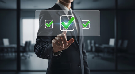 Businessman selecting a checkmark on a transparent touchscreen interface in modern office