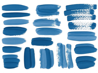 Collection of various blue paint brush strokes and smears isolated on transparent background for artistic design element
