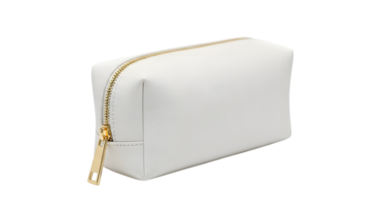 Elegant white cosmetic bag with gold zipper isolated on transparent background