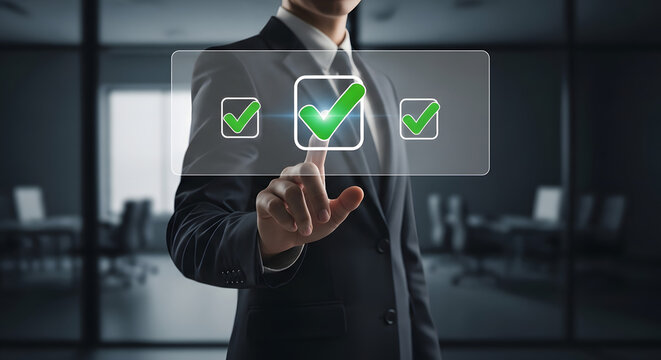 Businessman selecting a checkmark on a transparent touchscreen interface in modern office