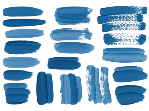 Collection of various blue paint brush strokes and smears isolated on transparent background for artistic design element - Powered by Adobe