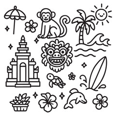 Bali themed doodle set with various elements.