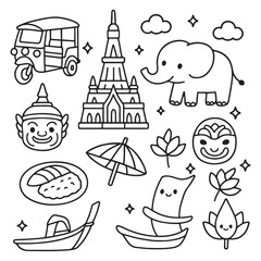 Cute doodle collection of Thailand travel symbols and icons.